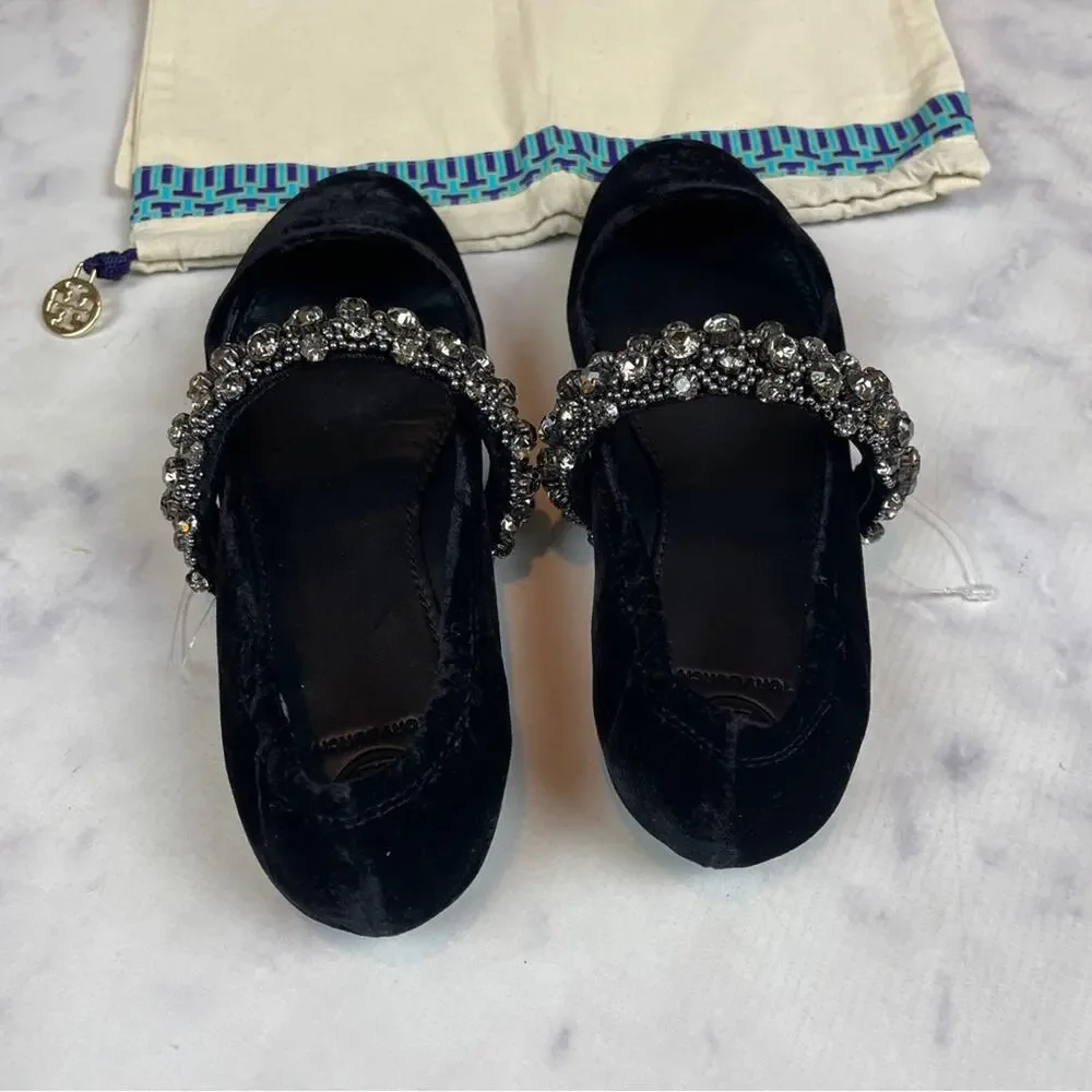 Tory Burch Black Velvet Crystal Strap Mary Jane Flats NWOB Sz 6.5